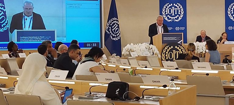 UITBB General Secretary Michalis Papanicolaou addresses the Plenary Session of the 111th ILC in Geneva